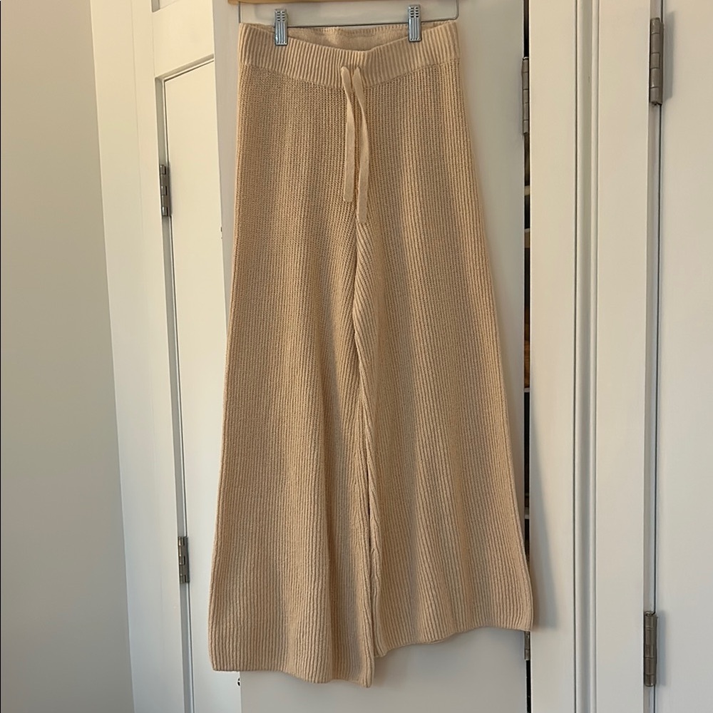 ALC Cozy Knit Wide-Leg Pants in Beige